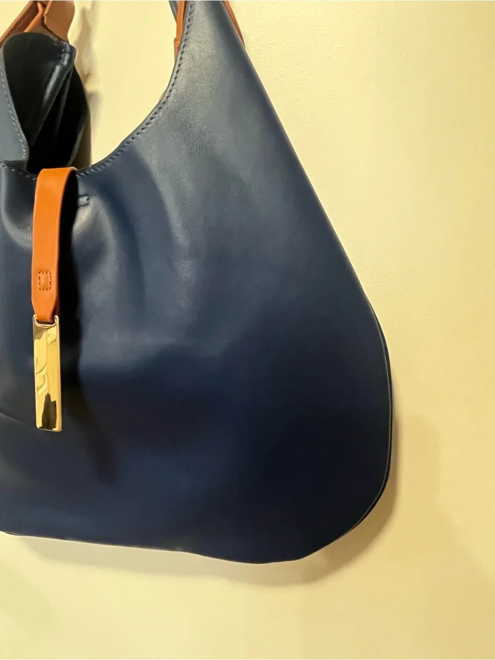 Loulu Navy Blue & Tan Hobo Shoulder Bag Slouchy Purse